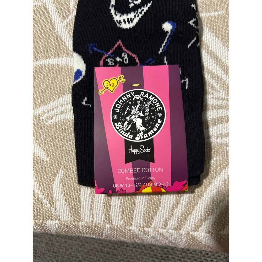 Happy Socks Unisex Johnny Ramone Combed Cotton 8-12 Black Graphic Crew Socks New - Picture 2 of 3